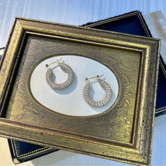 18K GOLD PLATED MICRO PAVÉ CZ ENCRUSTED HOOP LOOP EARRINGS SPARKLY SPARKLE NWT - Picture 4 of 16